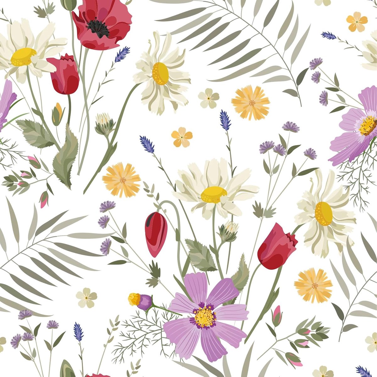 Behang witte bloemen 30.5cm x 300cm - zelfklevend vinyl - kleurrijke bloemetjes - ideaal voor wanddecoratie - ShopVlot