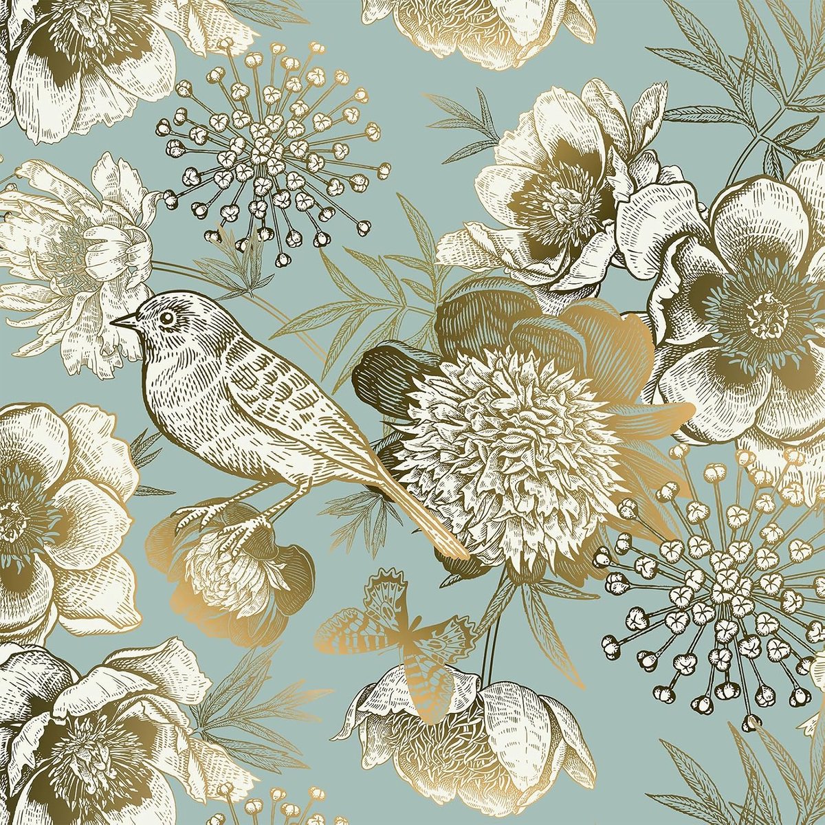 Behang zelfklevend 44,5cm - vintage bloemen en vogels - lichtgroen - ideaal voor meubels en muren - ShopVlot