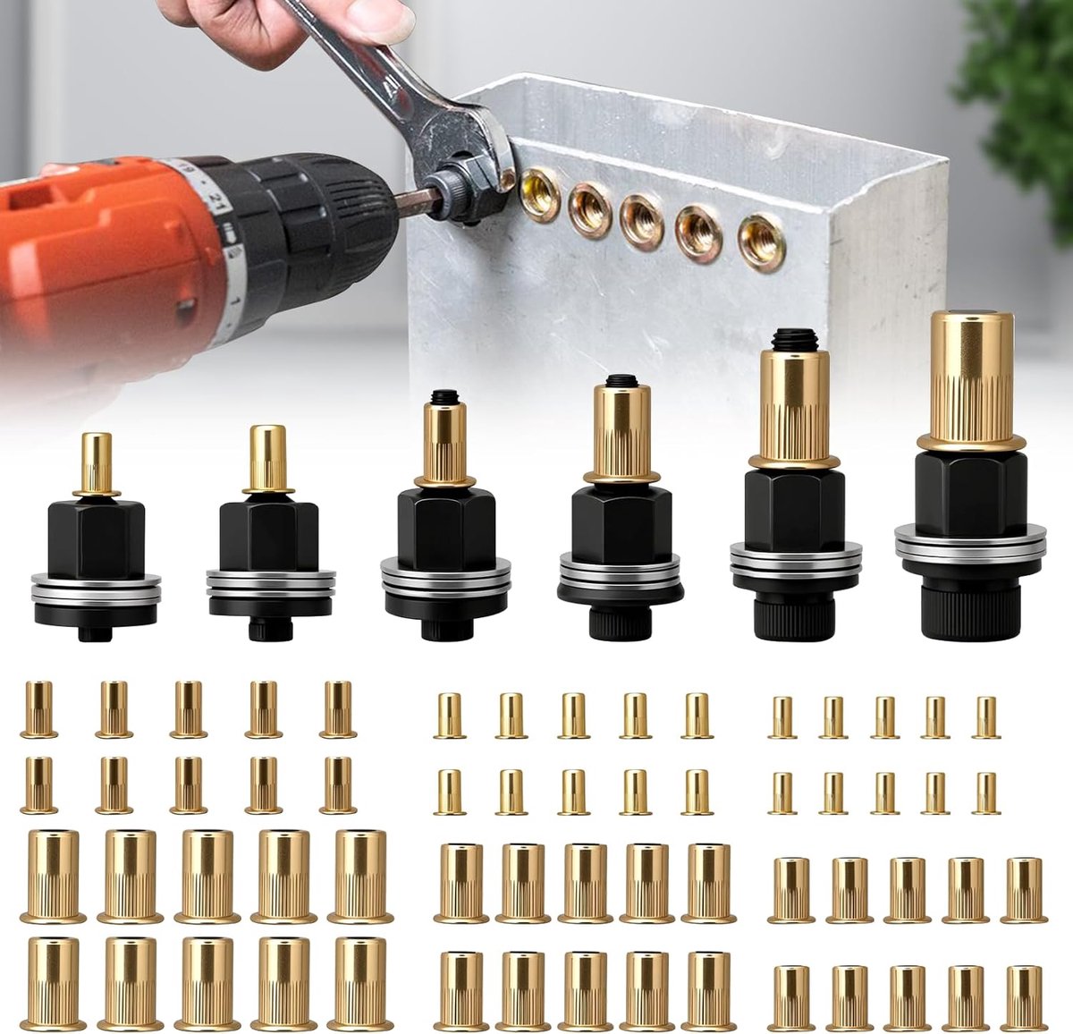 Rivet nut set 6 stuks - M3 t/m M10 - inclusief 60 moeren - efficiënt bevestigen - ShopVlot