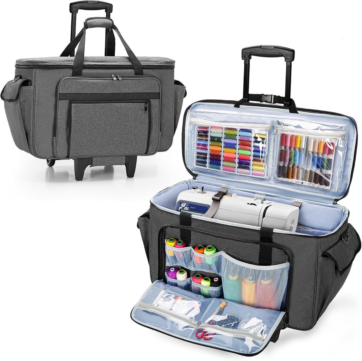 Draagtas voor Borduur- en Naaiapparatuur met Wielen, Ideaal voor Borduurmachines en Naaiaccessoires, Grijs