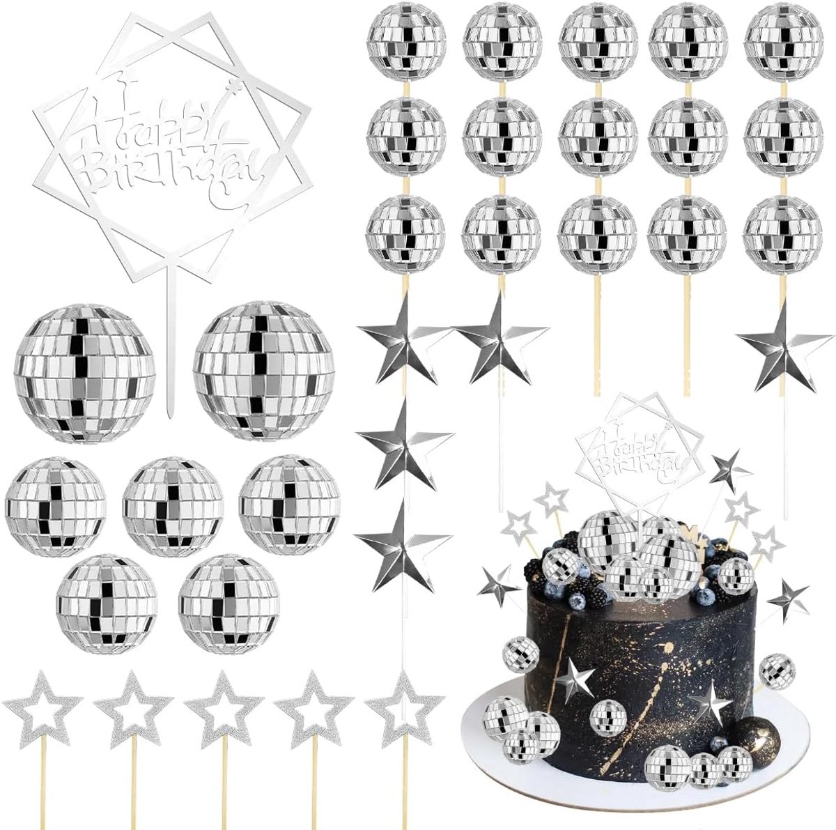 Taartdecoraties 33 stuks - Mini discobal cupcaketoppers - Zilverachtig - Perfect voor verjaardagsfeest - ShopVlot