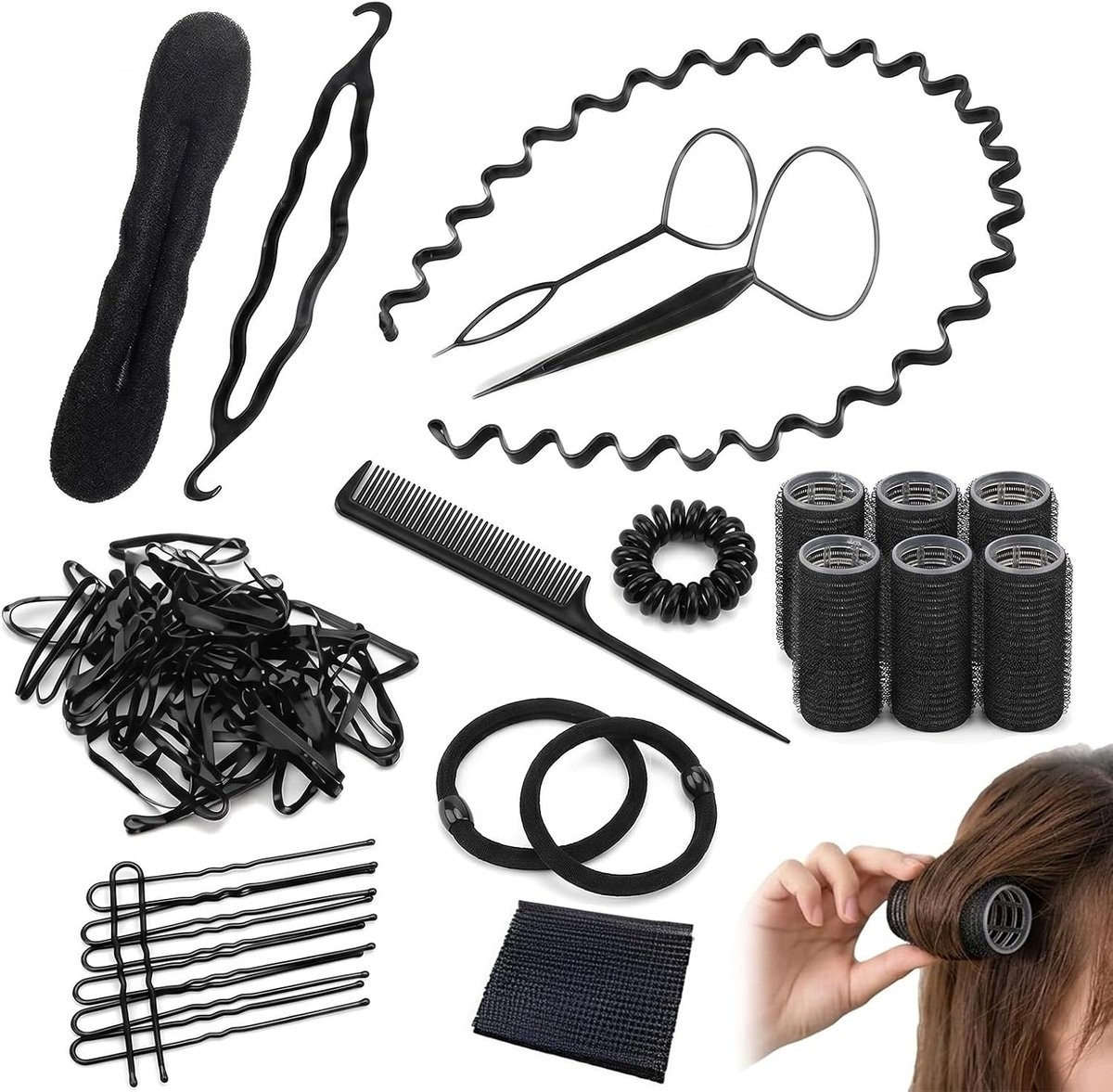 Haarstylingset 16-delig - 10 haarvlechtaccessoires - 6 krulspelden 2,5 cm - voor creatieve kapsels - ShopVlot