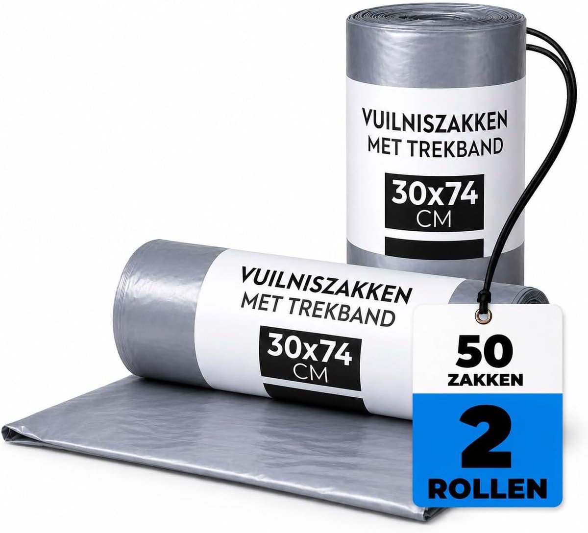 Vuilniszakken 50 stuks - 30x74 cm 30 L Grijs met trekkoord - Versterkte bodem - Houdt geuren binnen - ShopVlot