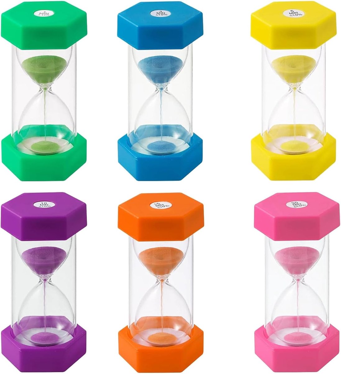 Zandloper set van 6 kleurrijke timers - 1, 3, 5, 10, 15, 30 minuten - perfect voor kinderen en studeren - ShopVlot