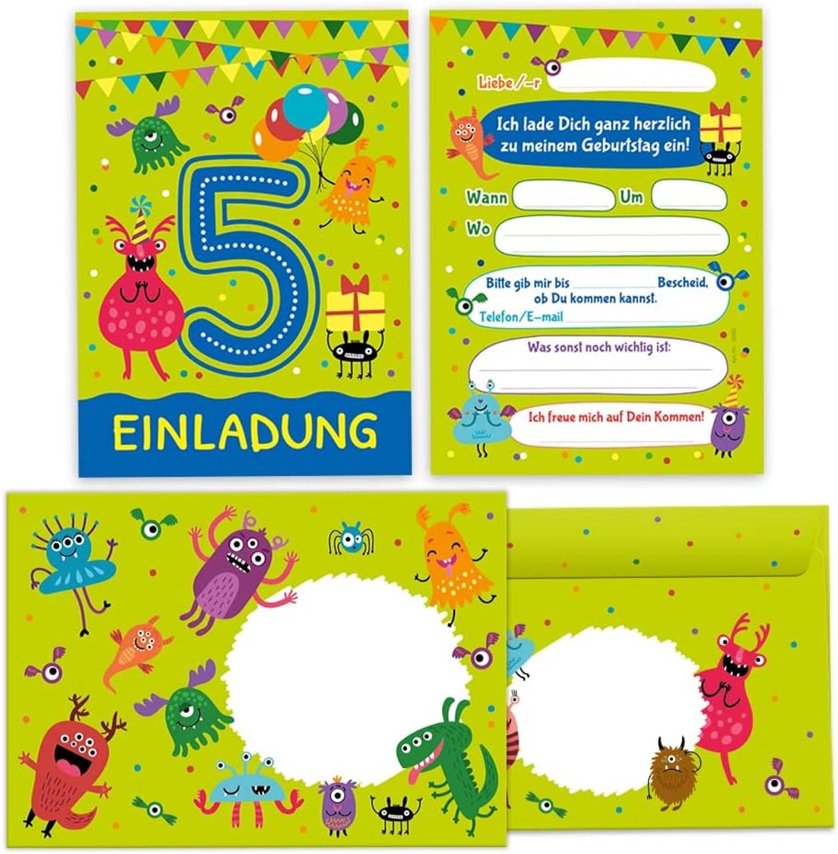 uitnodigingskaarten 12 stuks - 5e verjaardag - monster thema - met enveloppen - ShopVlot