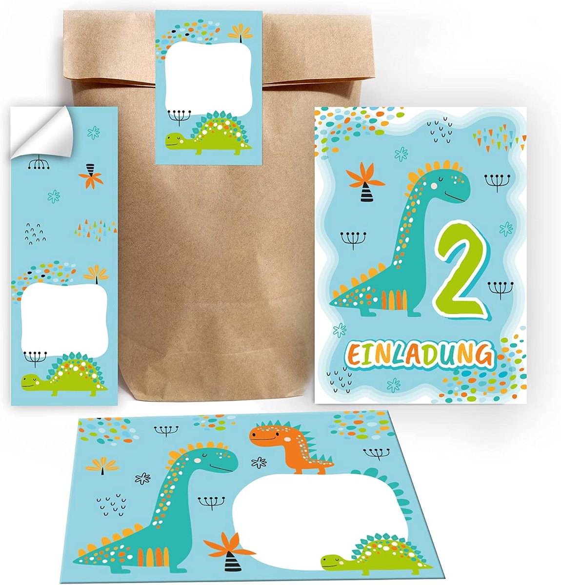 Uitnodigingskaarten 2e verjaardag - Dino thema - 12 kaarten met enveloppen en stickers - Perfect voor feestjes - ShopVlot