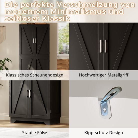 Collage van details van een zwarte keukenkast: schuurdeuren, handgrepen, poten en kantelbeveiliging.
