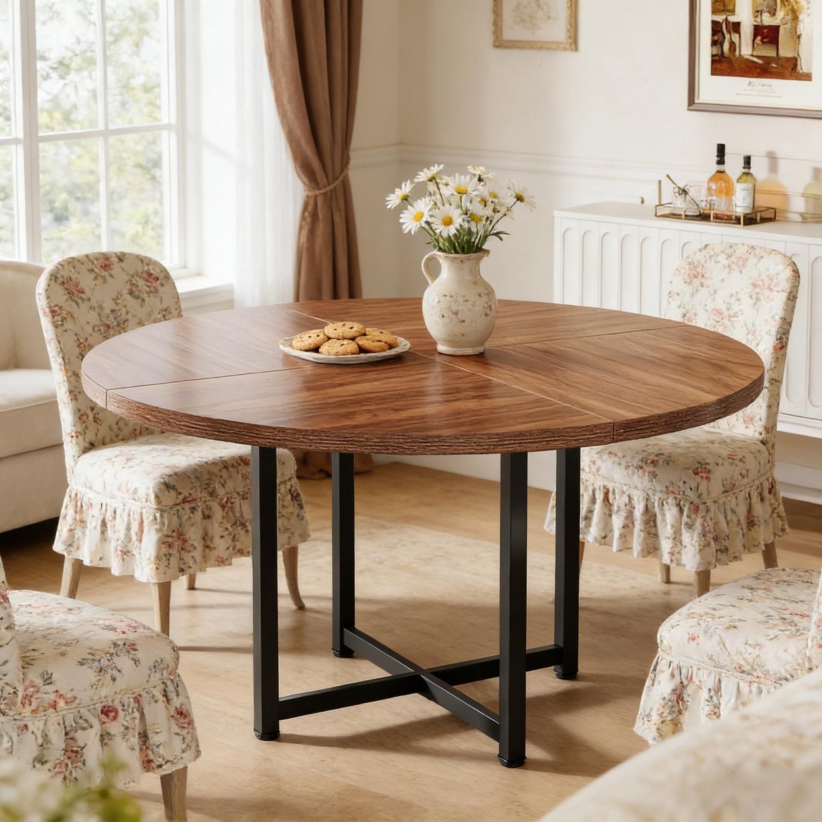 MODFU Eettafel - Rond - Industrieel - Eetkamer - Hout En Metaal - Zwart Bruin - 120 X 75 Cm