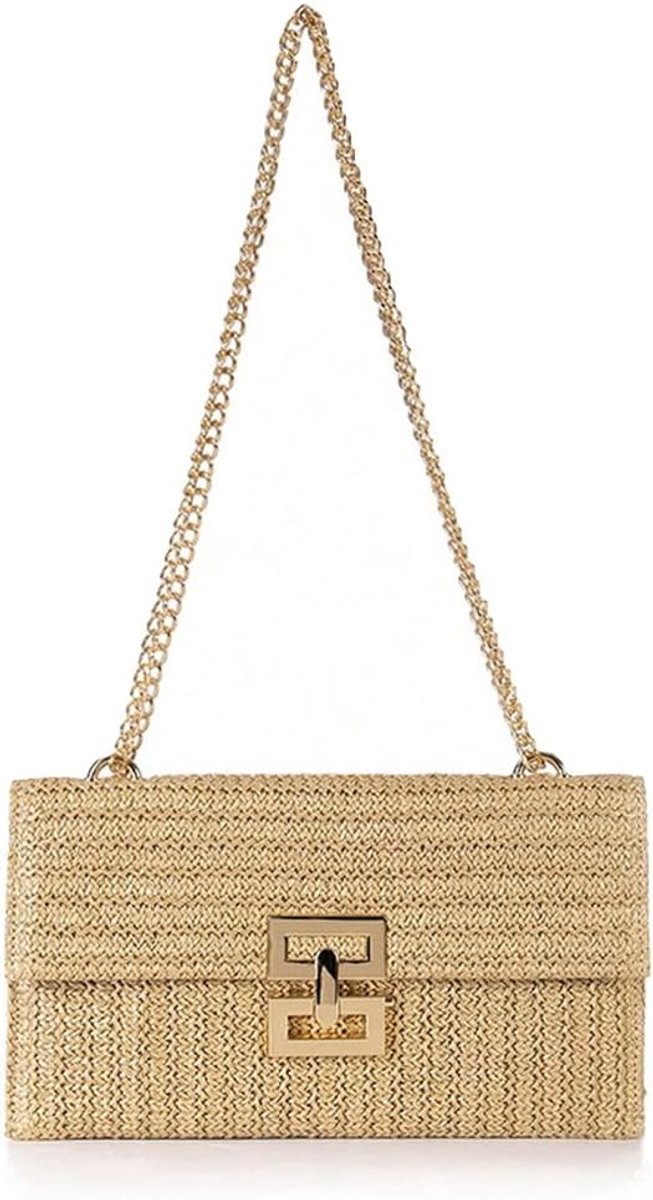 Clutch handtas vierkant - geweven rieten - met metalen ketting - perfect voor bruiloft - ShopVlot