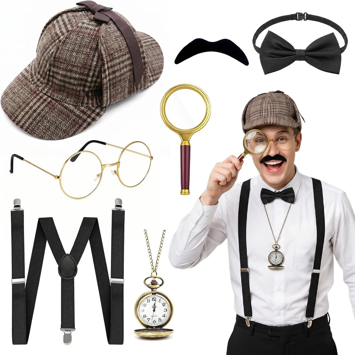 detective-kostuumaccessoireset 8-delig - met hoed, vergrootglas en bril - voor Sherlock Holmes cosplay - ShopVlot