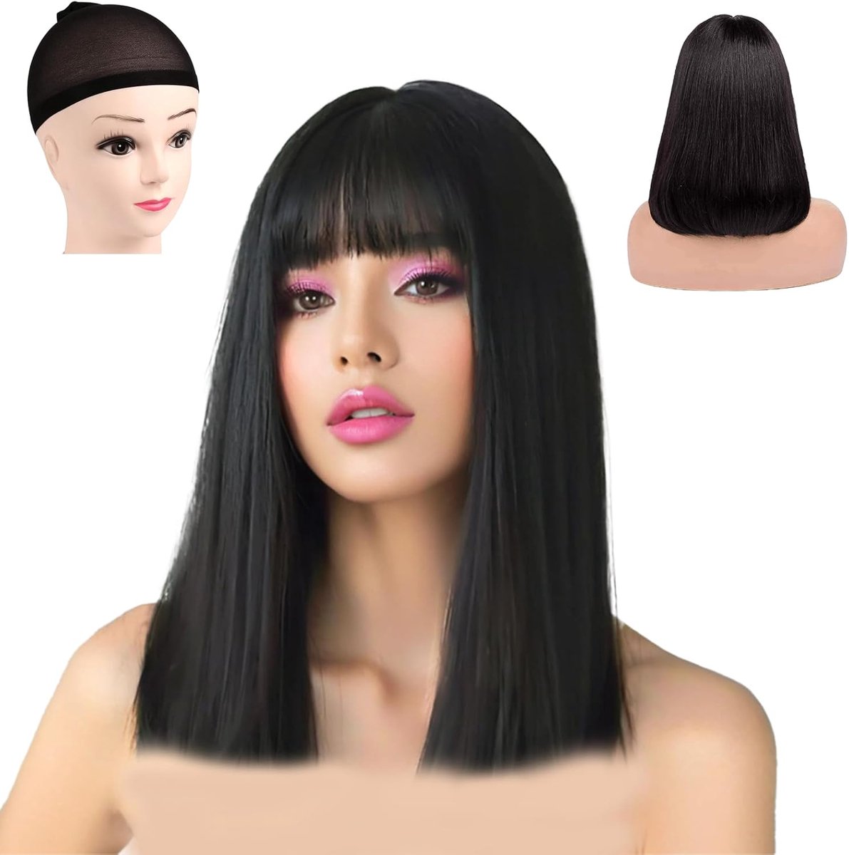 Zwarte pruik dames 30 cm - korte bob-pruik met pony - synthetisch haar - perfect voor carnaval - ShopVlot