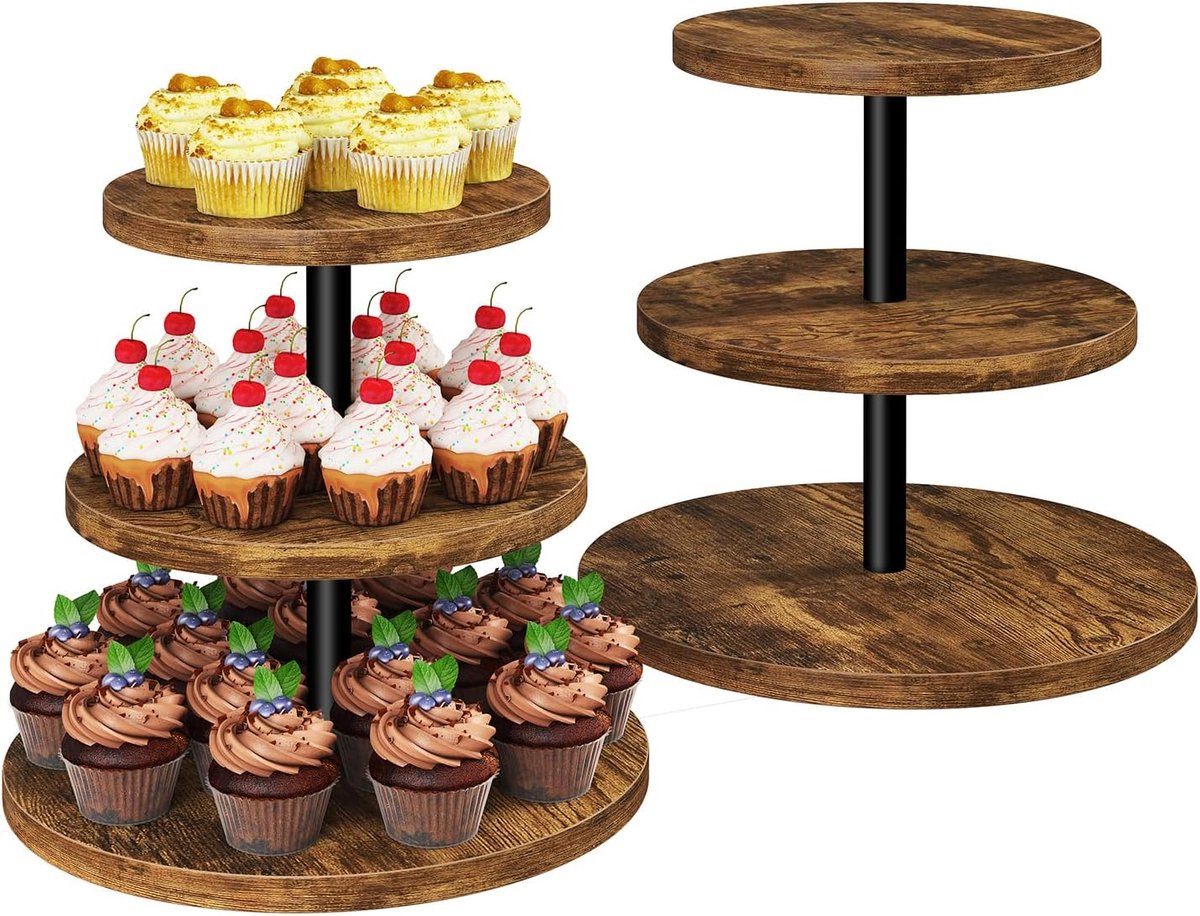 Cupcake standaard 3-laags - Houten set van 2 - Robuust ontwerp - Perfect voor feestjes - ShopVlot