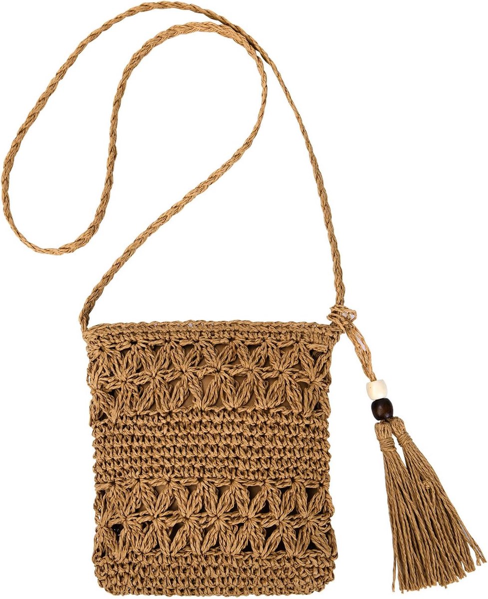 Strandtas Vintage 27x21cm - Bruin Stro Met Kwastjes - Crossbody Handtas Voor Vrouwen - Perfect Voor Vakantie - ShopVlot