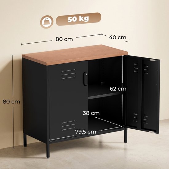Afmetingen van een zwarte opbergkast met houten blad en dubbele deur met ventilatieroosters.