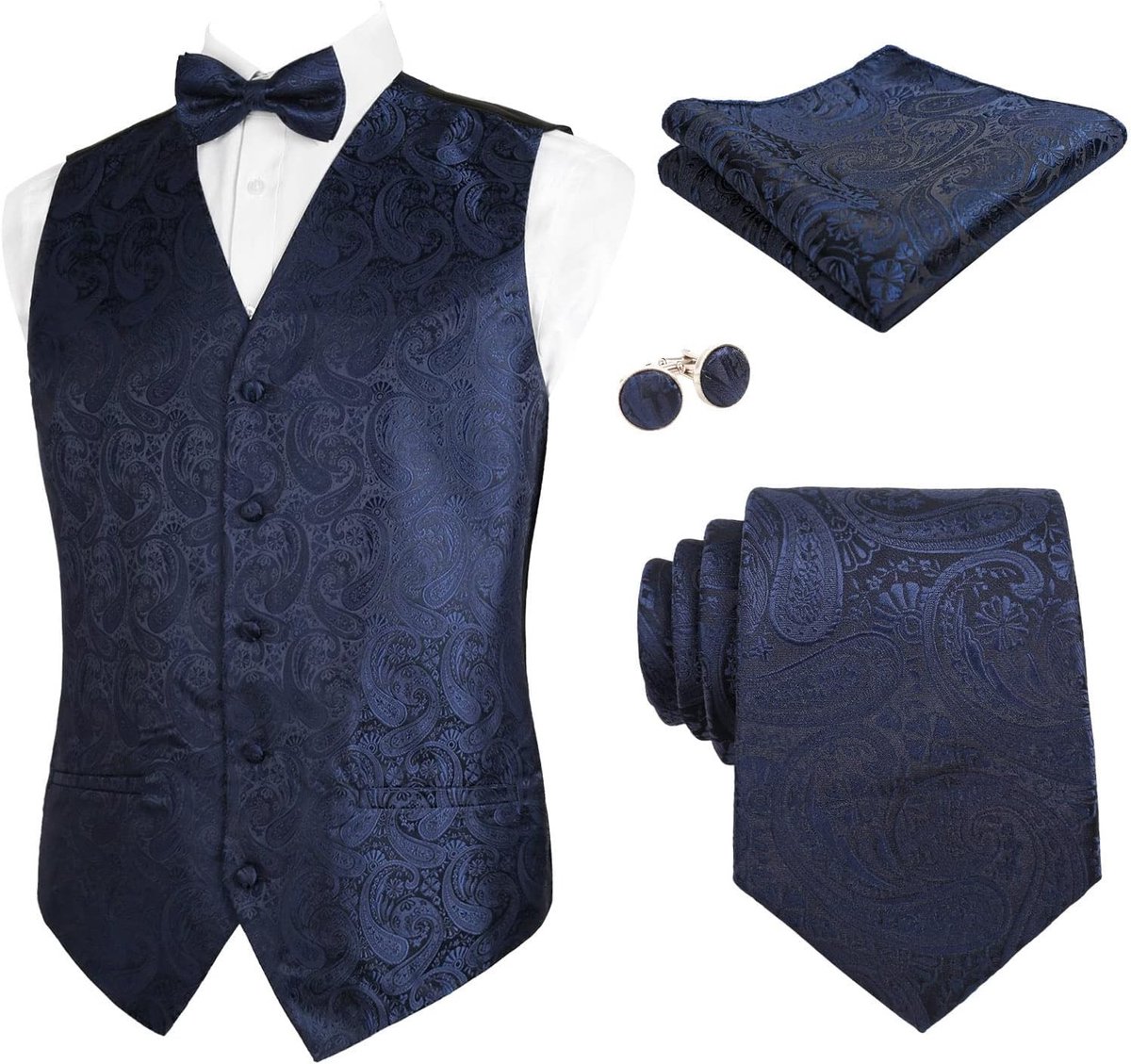 Retro Paisley 5-delige Kostuumset voor Mannen | Vest, Stropdas, Pochet, Strik en Manchetknopen voor Feest en Bruiloft