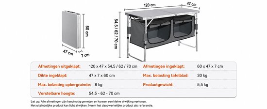 Bruinsma INEX Picknicktafel - Campingtafel Inklapbaar - Campingkeuken - 3 Hoogtes - Opbergruimte - 120Lx47Bx54.5/62/70H CM - Wit — afbeelding 3
