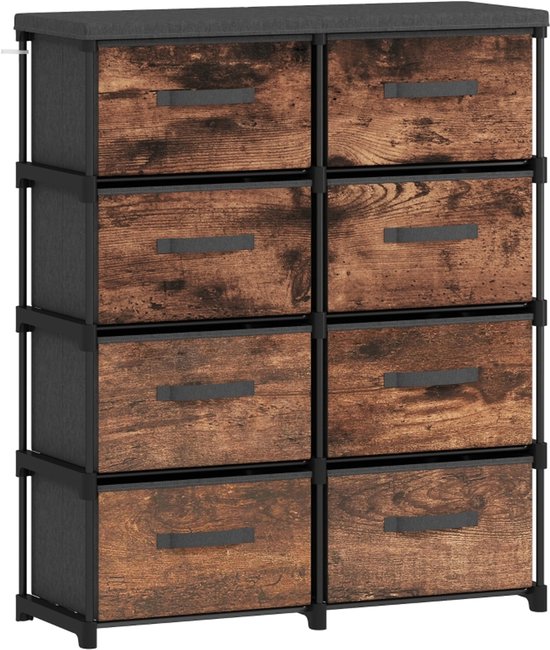 Ladekast met 8 lades, donkerbruin met een houtlook en een zwart metalen frame.