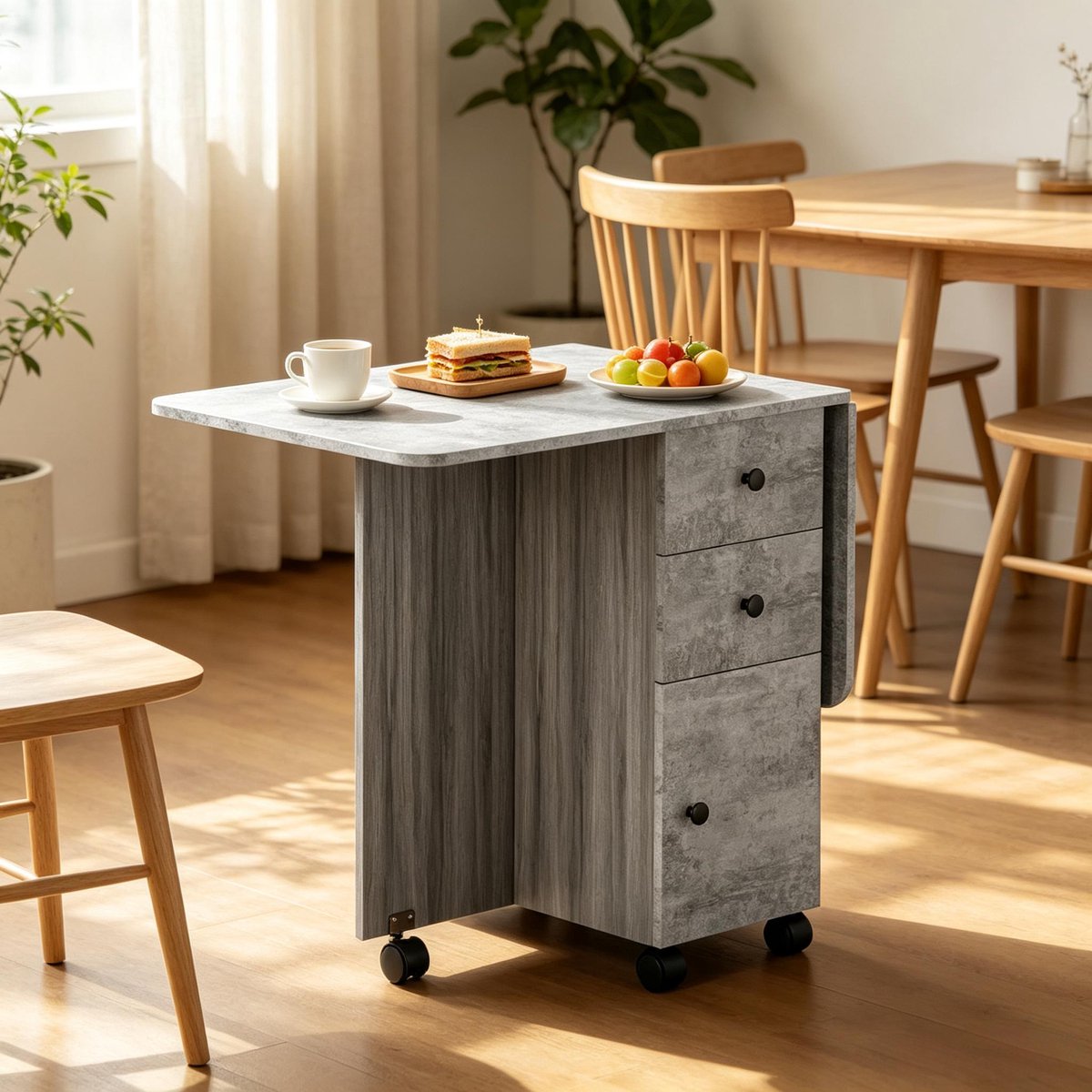 DESMIU Eettafel - Opklapbaar Met Lades En Wielen - Voor Kleine Ruimtes En Dagelijks Gebruik - Spaanplaat - Grijs - 120x60x76,5 Cm