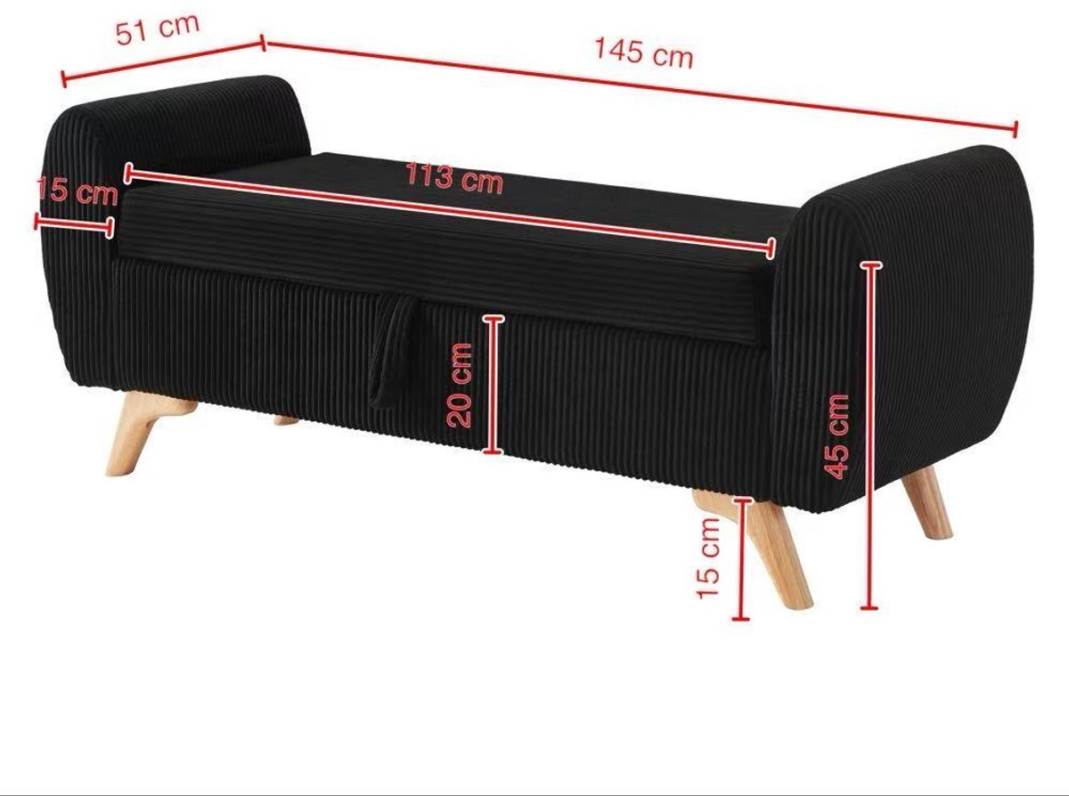 OKWISH Bankje 145 x 51 x 57 cm - Inklapbaar Met Opbergruimte En Houten Poten - Voor Slaapkamer Woonkamer Of Hal - Corduroy - Zwart