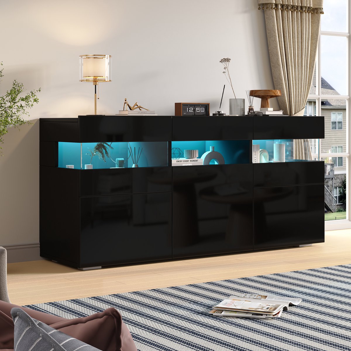 DESMIU Dressoir - Hoogglans Met LED Verlichting En 3 Deuren - Voor Woonkamer En Presentatie - Spaanplaat En Acryl - 140x40,5x66,5 Cm - Zwart