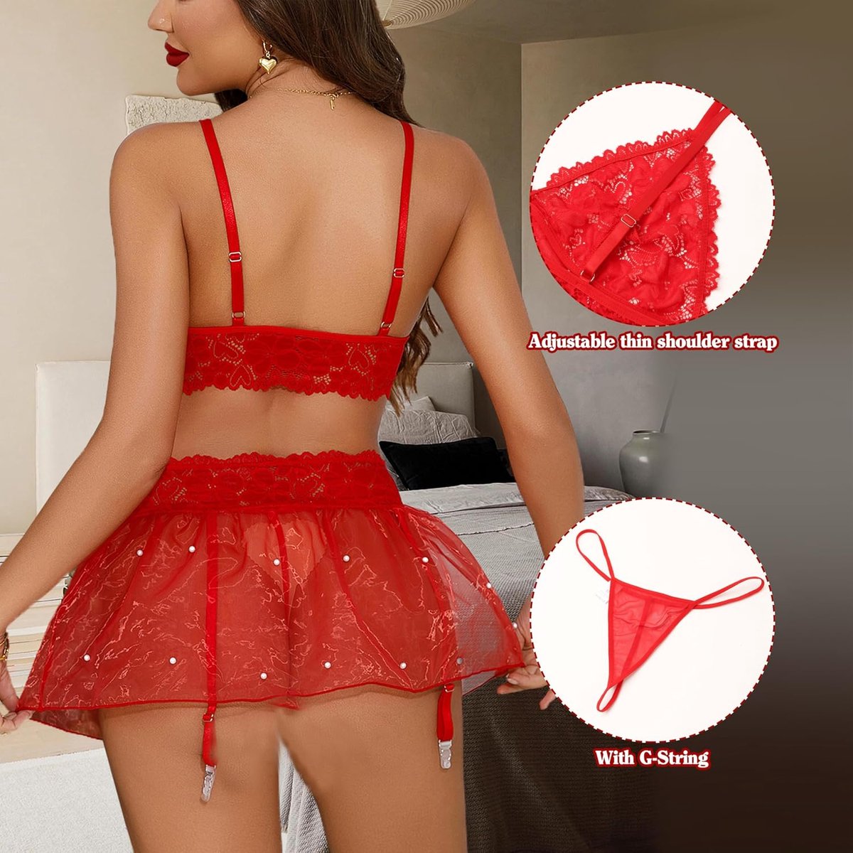 Lingerieset voor vrouwen - 3-delig - transparant en kant - sexy slaapmode voor een verleidelijke uitstraling - ShopVlot