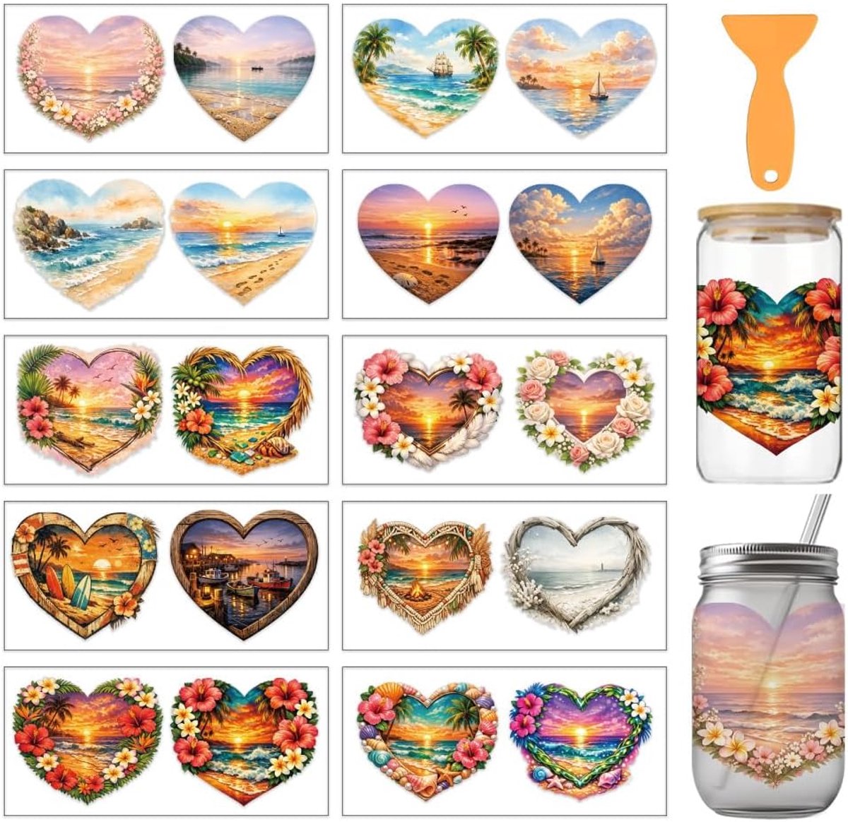 Bekerstickers hartvormig - PVC - zonsondergang strandmotief - perfect voor glazen en ramen - ShopVlot