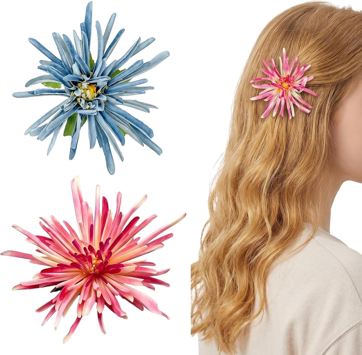 Haarclips kunstbloemen 8cm - 2-delig set - roze en blauw - perfect voor strandfeest - ShopVlot