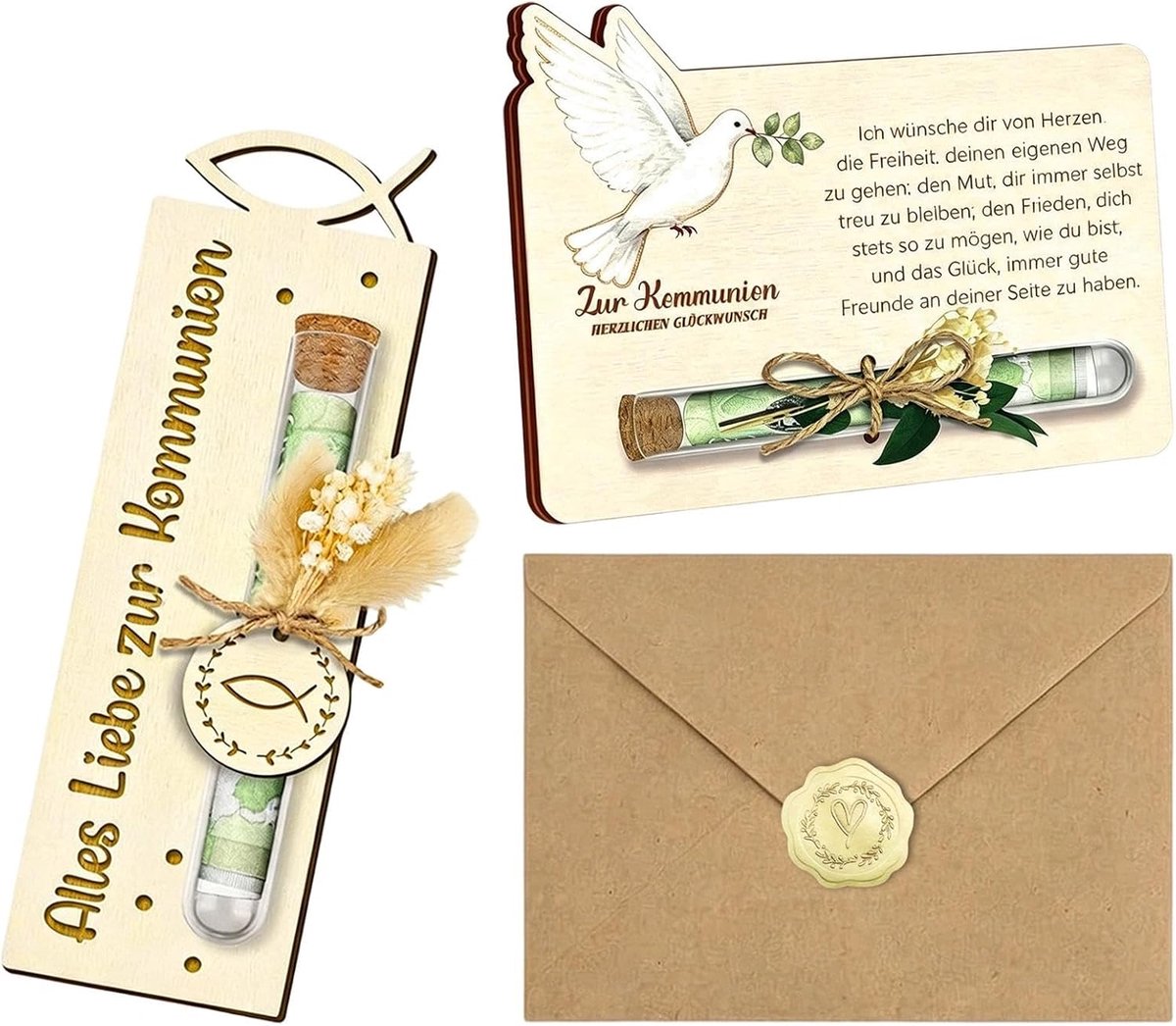 Communie geldcadeau 2 stuks - vis en duiven - met gedroogde bloemen - persoonlijk communieschenk - ShopVlot