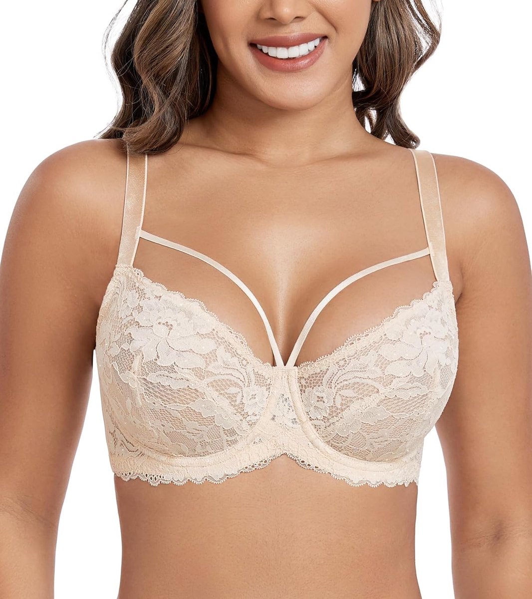 Dames Sexy Kant Bh met Bandjes - Beige - Plus Maat 105E - Comfortabele Pasvorm - ShopVlot