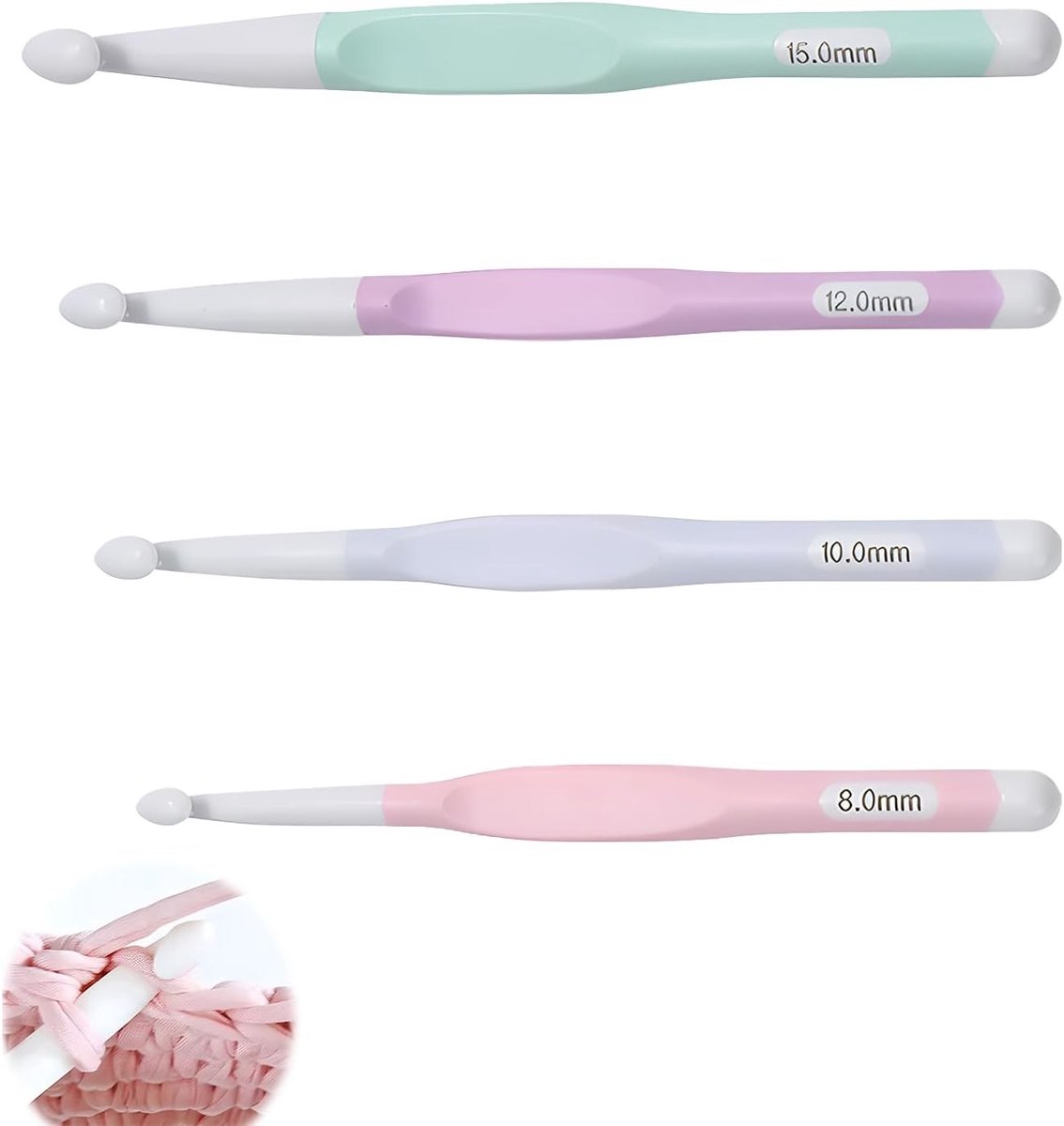 Set van 4 Grote Haaknaalden 8 mm 10 mm 12 mm 15 mm met Kleurige Siliconen Handgreep voor Comfortabel Haken, Ergonomisch en Antislip, Ideaal voor Beginners en Projecten zoals Truien en Sjaals