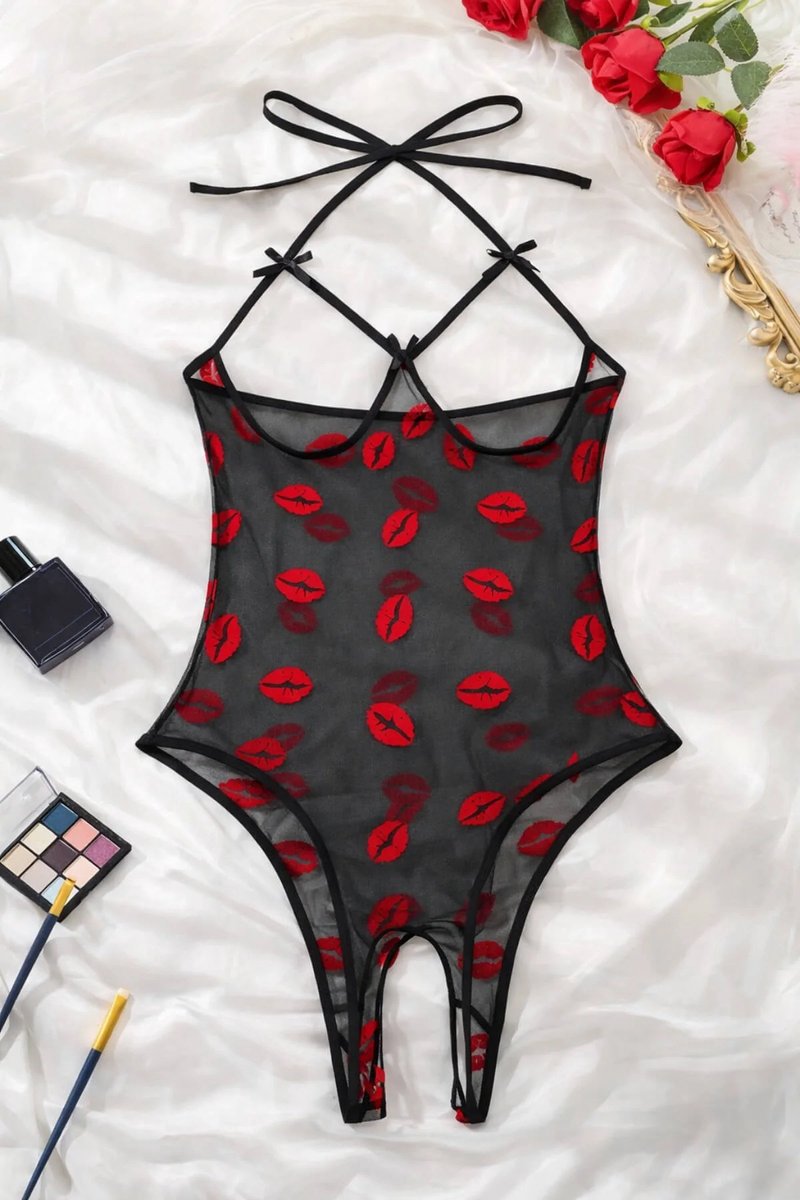 Zwarte Transparante Tule Body met Strik Details en Open Details - Maat S, M, L, XL