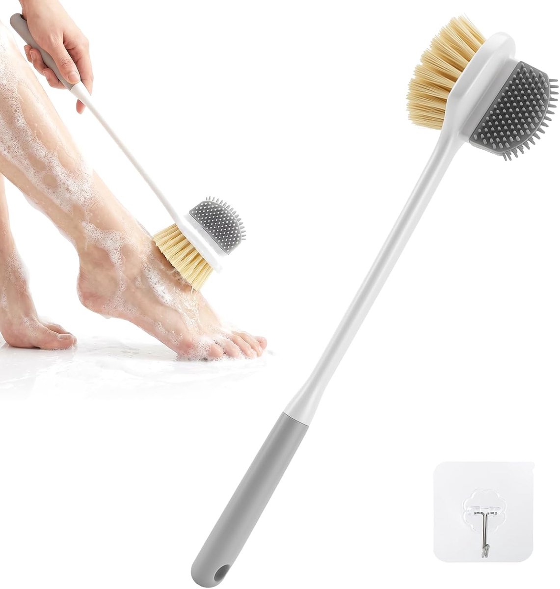 Foot Wash Brush, Long Handle Shower Brush, Back Brush for Seniors, Foot Brush for Shower, 2-in-1 Double Sided Brush - ShopVlot