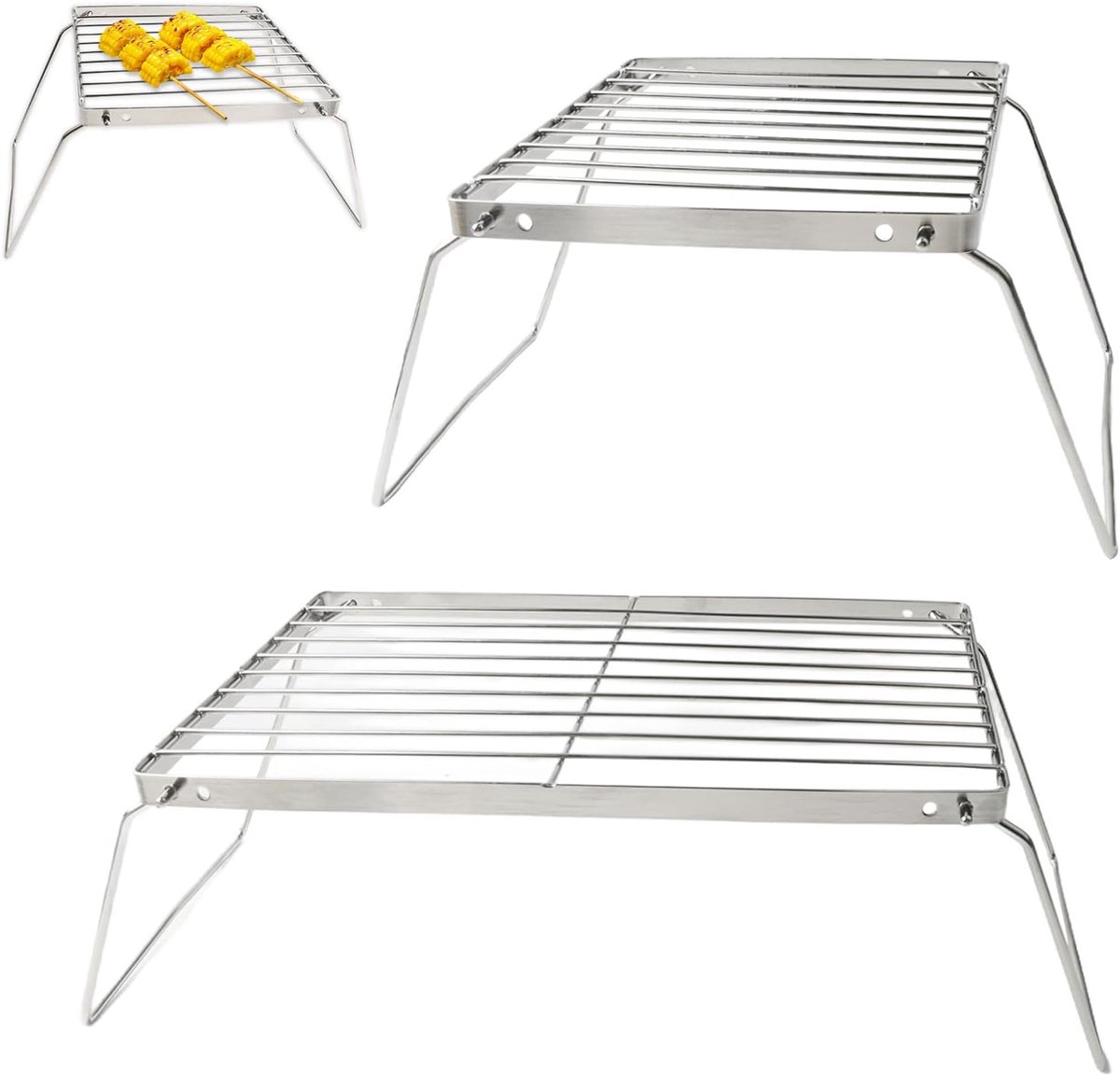 Campinggrill, set van 2 roestvrij staal, draagbaar, vuurwerkgrill, outdoor vuurkorf, vuurkorf, geschikt voor kamperen - ShopVlot