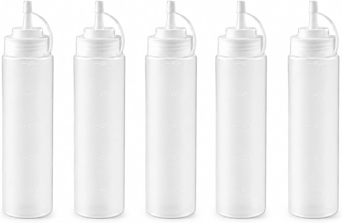5 stuks knijpfles van 500 ml, knijpfles, sausfles, sausflessen, doseerfles, dressingfles, spuitfles, plastic flessen - ShopVlot