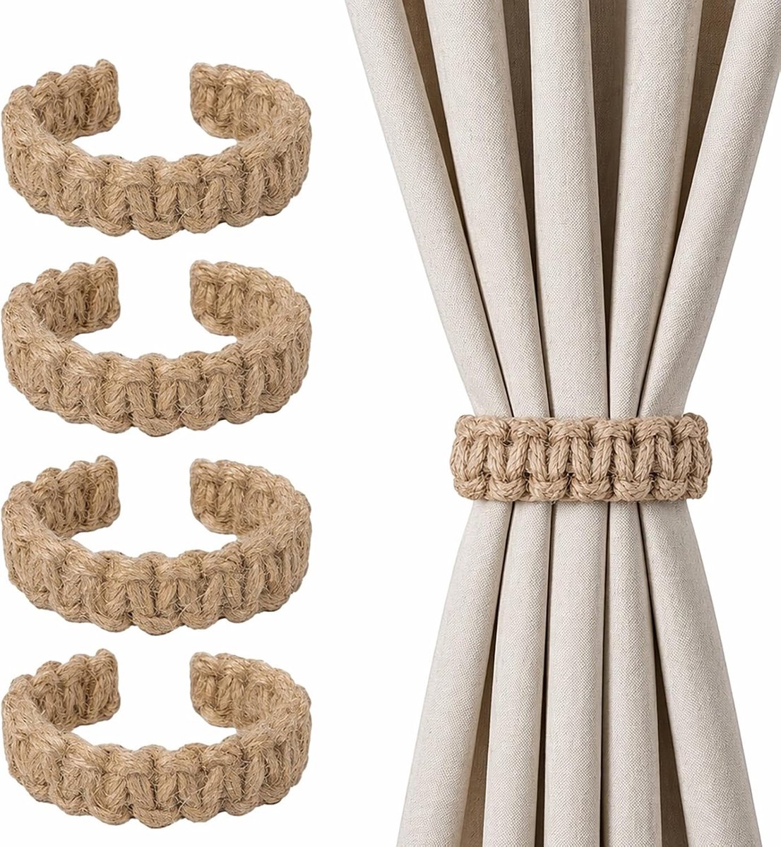Gordijnhouders voor gordijnen, set van 4, extreem buigzame gordijnhouders met zachte draadkern, boho-juteband om te - ShopVlot