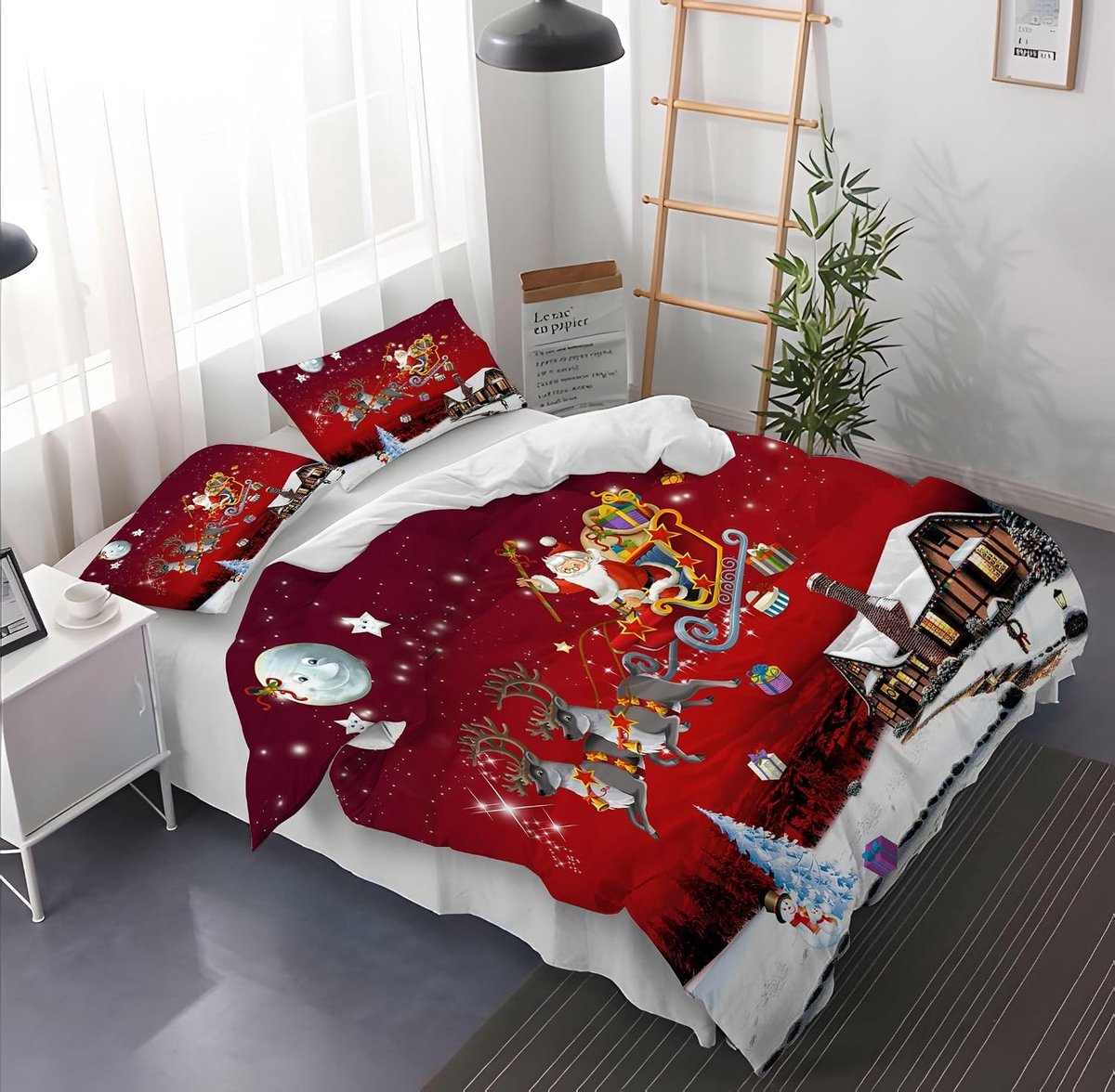 Christmas Bedding Set, 3 Piece Bedding Set, Santa Pattern, Duvet Cover and Pillowcase with Zipper (E,135 x 200 CM) - ShopVlot