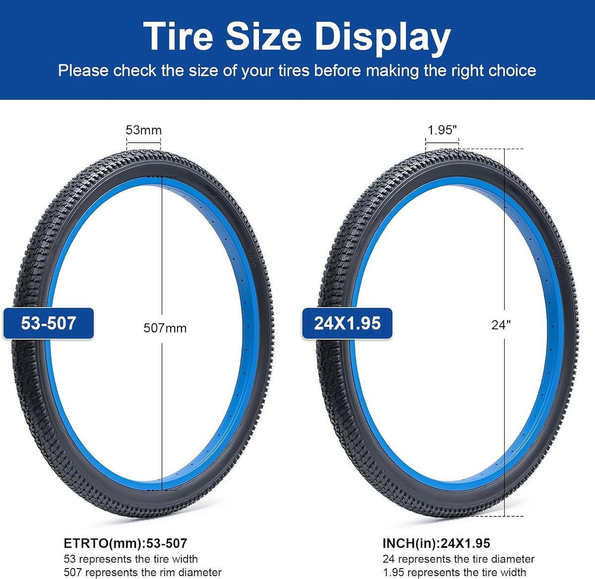 24 x 1.95 Tyres 24 Inch,24 x 1.95 Bicycle Tyres 53-507 Bicycle Coat Foldable,Fit for 24x1.95 24x2.0 Gravel/MTB Road - ShopVlot