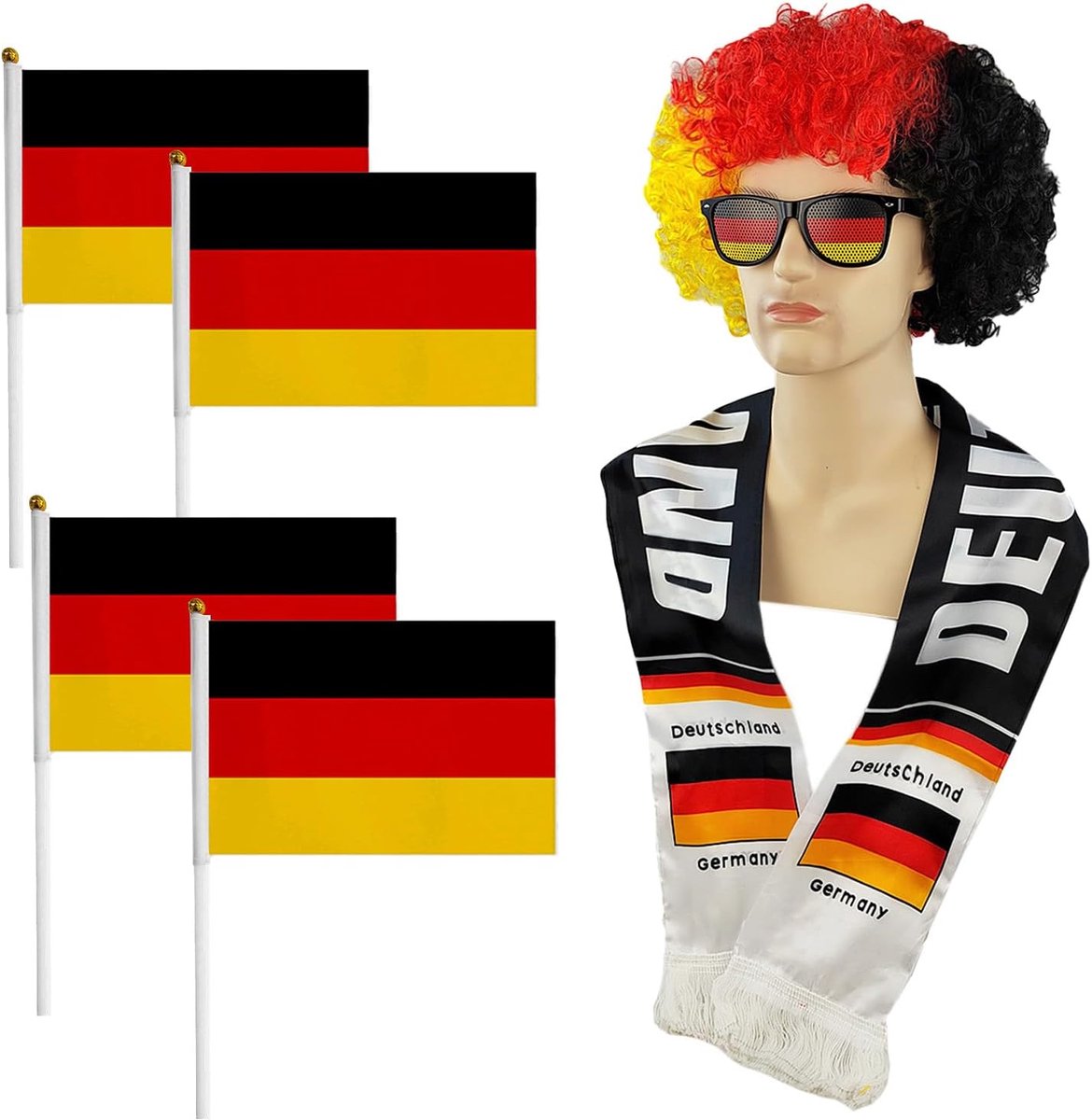 Fan Item Germany Set Wig Sunglasses Scarf and 4 Fan Sticks Black Red Gold Fan Item for Football World Cup 2026 Public - ShopVlot