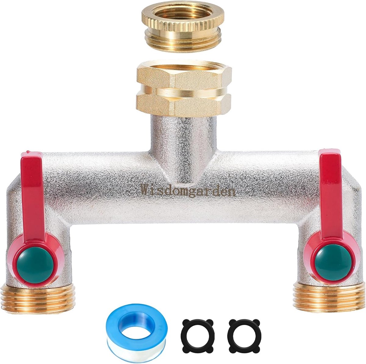 Brass Garden Hose Divider, 2-Way Inverter with 2 Extension Handles, Outdoor Hose Distributor, Robust, Nickel-Plated - ShopVlot