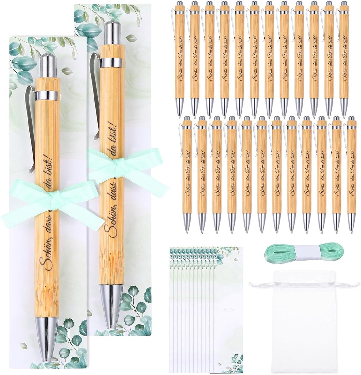 Set of 24 Wooden Ballpoint Pens, Small Thank You, Pen Card, Ribbon, Mesh Bag, Guest Gifts, Communion (24) - ShopVlot