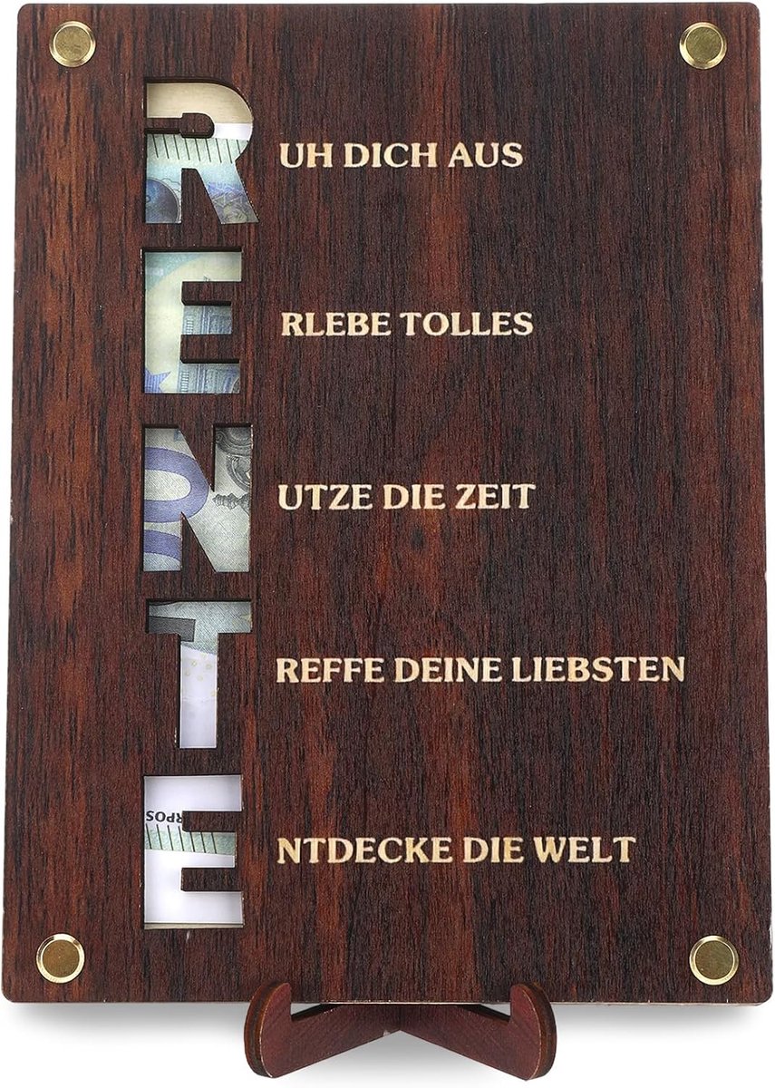 Pensioencadeau, cadeau met pensioen, houten geldgeschenk, 15 x 20 cm met standaard, afscheidscadeau voor collega's - ShopVlot