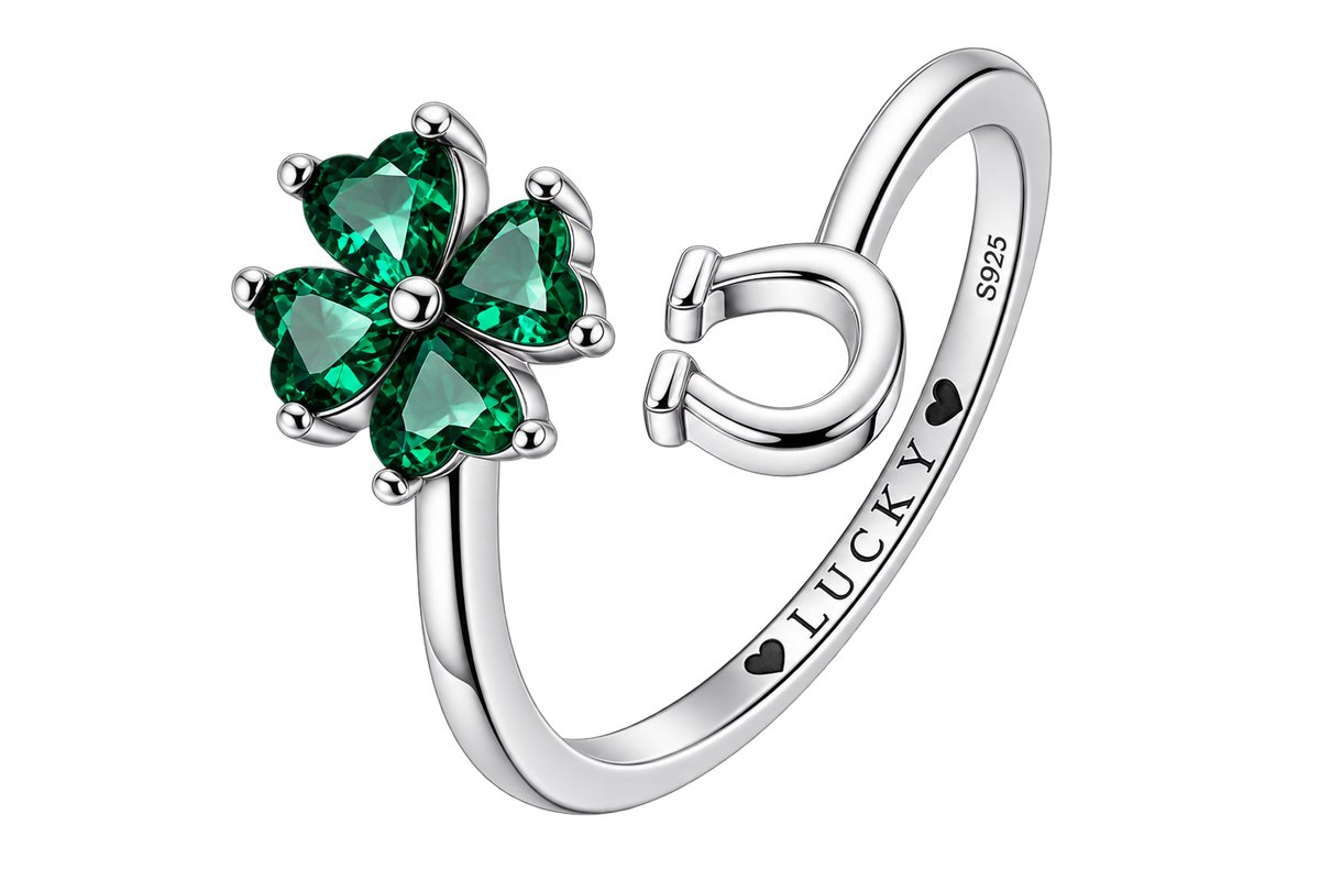Matthew Studio® Dames Ring - 925 Zilver - Groene Zirkonia - Verstelbare Ring - Klavertjevier