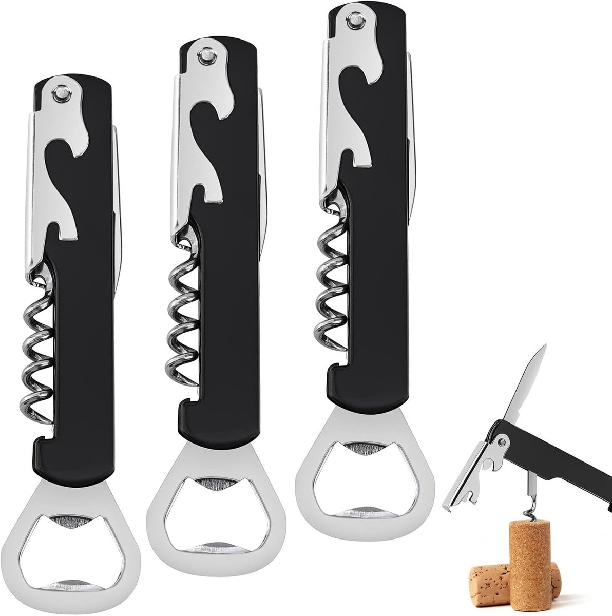 Bottle Opener Set of 3 Corkscrew Wine Opener Professional Waiter Knife 3-in-1 Screw Pull Corkscrew Stainless Steel - ShopVlot