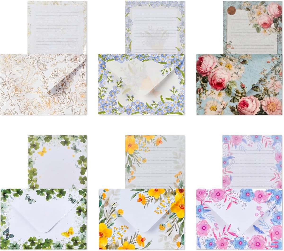 Briefpapierset met enveloppen, 60 stuks (6 bloemenmotieven), correspondentiepapier A5 met lijnen, ideaal als - ShopVlot