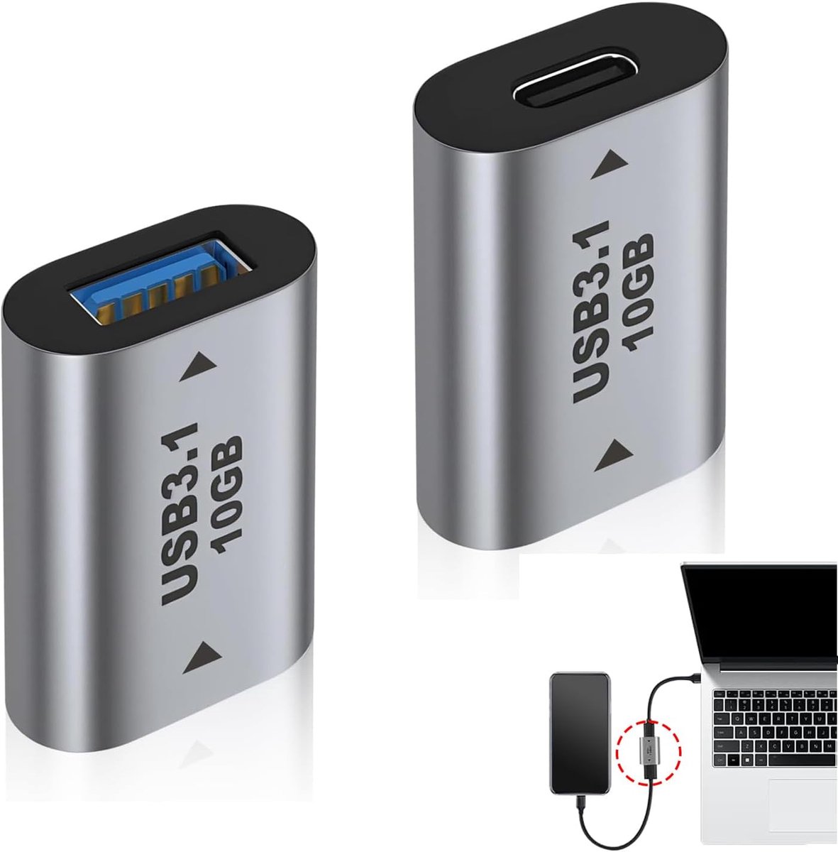 Zolara 2 stuks USB 3.1 A naar USB Tpc adapter, 10 Gbps USB C female naar USB female adapter 3.1, USB C female naar USB - ShopVlot