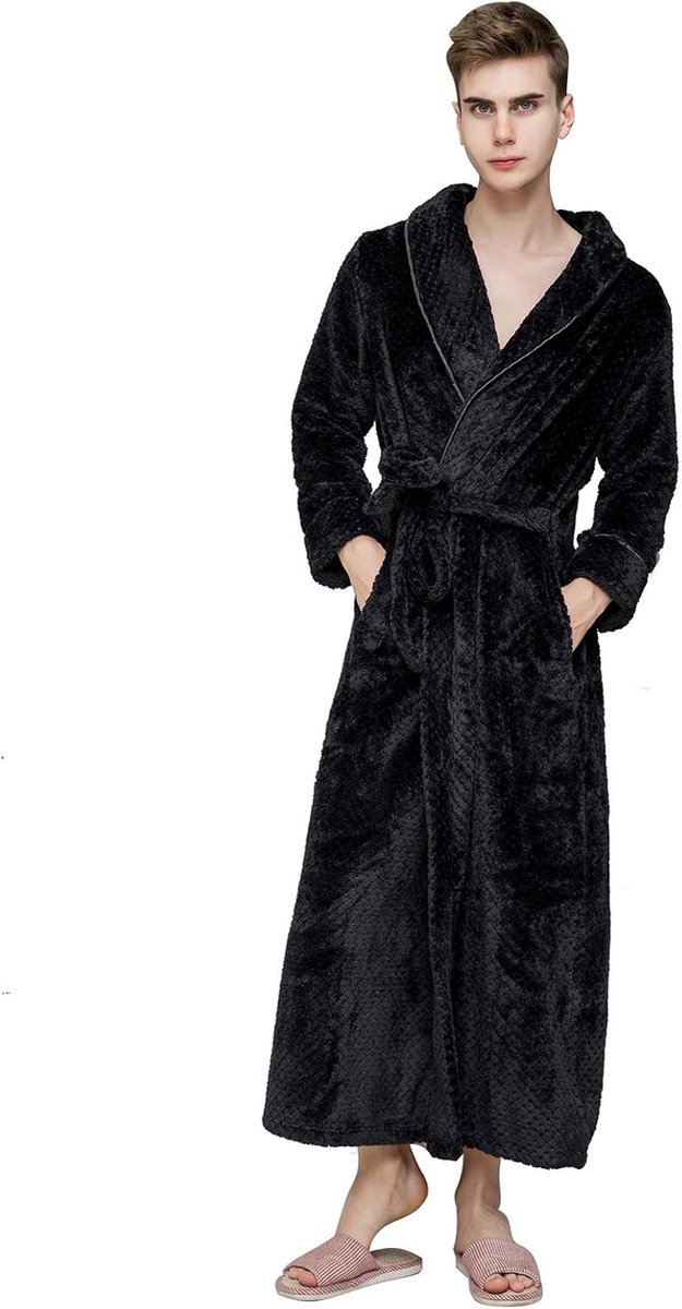 ANUFER Unisex Ladies Mens Thick Flannel Dressing Gown Scarf Collar Warm Long Winter Bathrobe, black set, M - ShopVlot