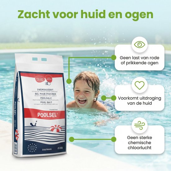 Zak zwemzout 15 kg met zacht voor huid en ogen. Voorkomt roodheid en prikkende ogen, en uitdroging van de huid.
