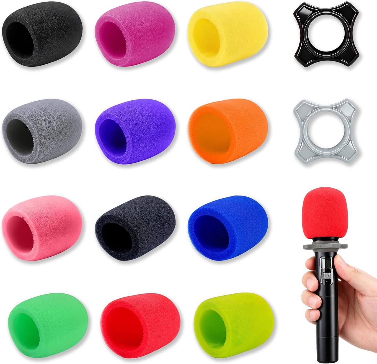 14-Delige Microfoon Covers Set, Microfoon Voorruit met 12 Gekleurde Schuimrubberen Hoezen Voor Microfoons en 2 - ShopVlot