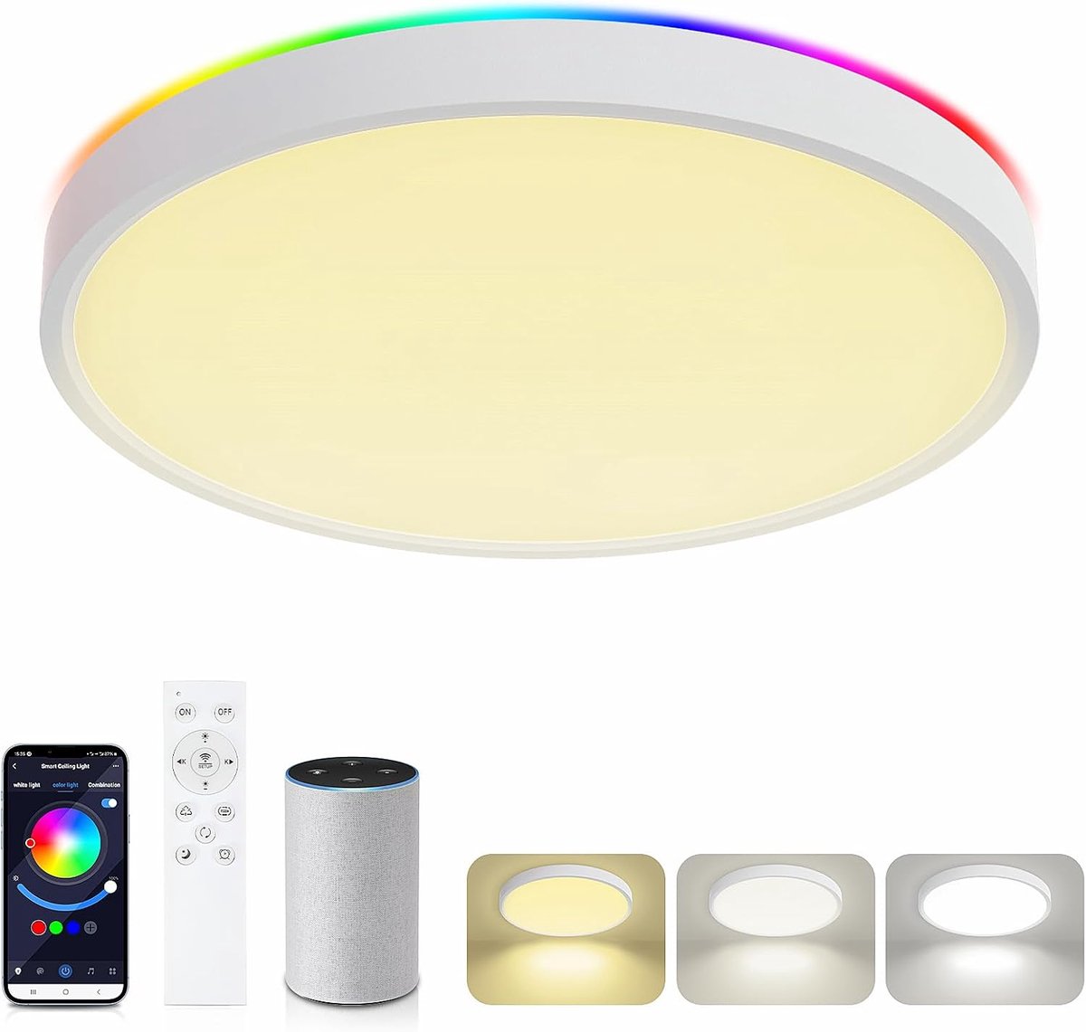 30 cm Smart LED Ceiling Light, Flat WiFi Ceiling Light, Compatible with Alexa & Google Home, Dimmable, RGB Backlight - ShopVlot