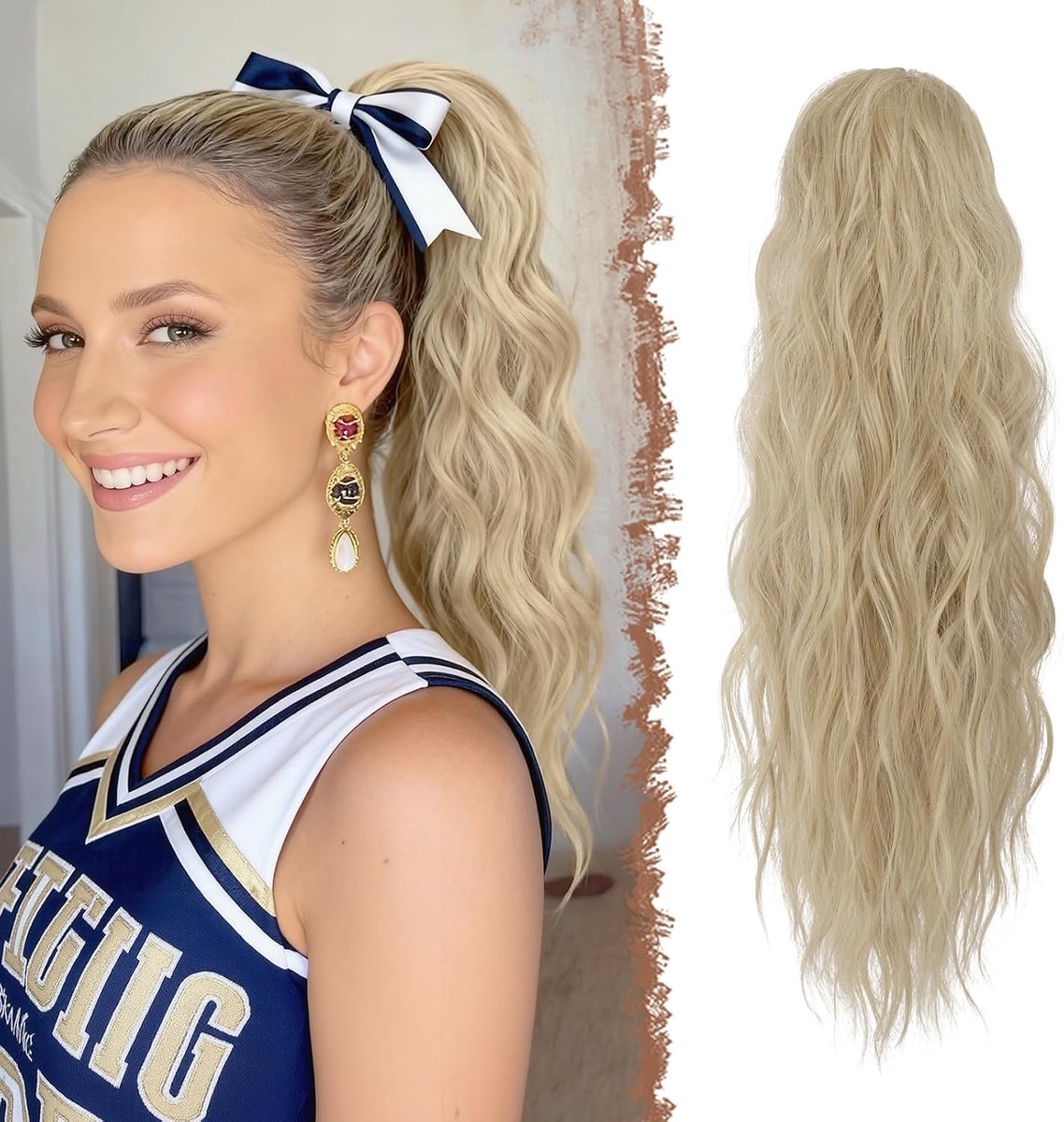 FESHFEN Wavy Ponytail Extensions 45cm Long Hair Ponytail Extensions with Cord Ash Blonde Hair Extensions Synthetic - ShopVlot